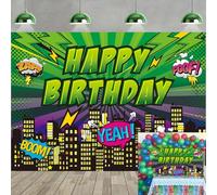 Superhero Backdrop for Birthday Party 7x5FT Cartoon Green Buildings Cityscape Photography Background Boy Kids Birthday Party Decorations Photo Props