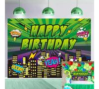 Superhero Backdrop for Birthday Party 8x6FT Cartoon Green Buildings Cityscape Photography Background Boy Kids Birthday Party Decorations Photo Props
