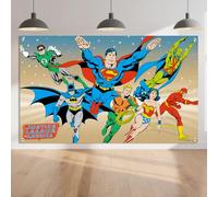 Superhero Backdrop Photography Background, Super Heros League Photo Booth Banner for Kids, Birthday Party Wall Decorations, Window Curtain Picnic Mat Outdoor Indoor Use