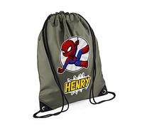 Superhero Bag, Personalised Backpack, Gift For Kids, Boy, Cartton Character Bag, Birthday, Christmas Drawstring Bag, PE Gym Kit Swimming, Sport Rucksack. (Olive Green)