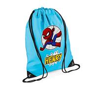 Superhero Bag, Personalised Backpack, Gift For Kids, Boy, Cartton Character Bag, Birthday, Christmas Drawstring Bag, PE Gym Kit Swimming, Sport Rucksack. (Surf Blue)