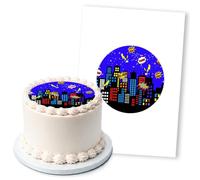 Superhero City Night Skyline POW!, 1 Icing Sheet 5" Round Cake Topper