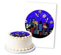 Superhero City Night Skyline POW!, 1 Icing Sheet 8" Round Cake Topper
