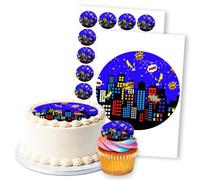 Superhero City Night Skyline POW!, 1 Round 8" & 24 2" Edible Toppers Set