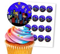 Superhero City Night Skyline POW!, 16 Wafer Cupcake Stand-Up Toppers