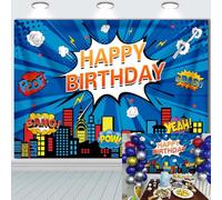 Superhero Cityscape Photo Backdrop 2.1x1.5m Super Hero Party Blue Background Boy Birthday Decoration Banner Background Kids Photo Hero City Birthday Party Decorations