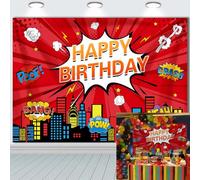 Superhero Cityscape Photo Backdrop 2.4x1.8m Super Hero Party Red Background Boy Birthday Decoration Banner Background Kids Photo Hero City Birthday Party Decorations