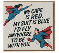 Superhero Love Anniversary Card - My Cape Is Red, My Suit Is Blue, I'd Fly Anywhere To Be With You - Romantic Comic Style Greeting Card for Couples, Husband, Wife, Boyfriend or Girlfriend