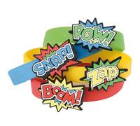Superhero Stretchy Rubber Bracelets 12 Pack (6") Colorful Wristbands with Comic Super Hero Action Sayings Snap! Pow! Boom! Zap. Great for Birthday, Party Favors (Superhero Bracelets, 12)