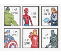 Superheroes Art Print Set Of 6, ‘I AM’ Affirmations, Boys Bedroom Décor, Motivational Boys Kids Wall Art, Iron Man, Hulk, Spiderman, Thor, Black Panther and Captain America, Superheroes (8x10)