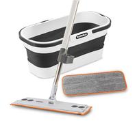 Superio Fold N' Go 10L Collapsible Mop Bucket with Wheels, Self-Wringing Microfiber Flat Mop & 8"x4.5" Reusable Pad - Portable, Hands-Free Cleaning Set for Home & Outdoor Use