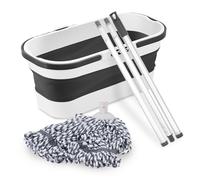 Superio String Microfiber Mop with 3-Part Stainless Steel Handle & 10L Fold N' Go Collapsible Bucket with Wheels - Heavy-Duty Floor Cleaning Set with Hanging Loop - Grey