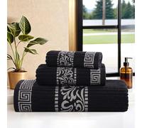 Superior 3-Piece Cotton Towel Set, Decorative Greek Pattern, Home Essentials, Absorbent Towels, Bathroom Decor, Spa, Resort, Includes 1 Hand, 1 Face and 1 Bath Towel, Athens Collection, Black-Chrome