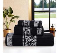 Superior 3-Piece Cotton Towel Set, Decorative Greek Pattern, Home Essentials, Absorbent Towels, Bathroom Decor, Spa, Resort, Includes 1 Hand, 1 Face and 1 Bath Towel, Athens Collection, Black-White