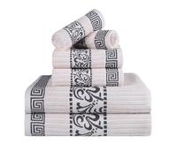 Superior 6-Piece Cotton Towel Set, Decorative Greek Pattern, Home Essentials, Absorbent Towels, Bathroom Decor, Spa, Resort, Includes 2 Hand, 2 Face and 2 Bath Towels, Athens Collection, Ivory-Grey