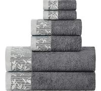 Superior 6 Piece Cotton Towel Set, Floral Jacquard Dobby Border, Quick Dry, Decorative Bathroom, Shower, Bath, Includes 2 Body, 2 Hand, 2 Face Towels/Washcloths, Wisteria Collection, Grey