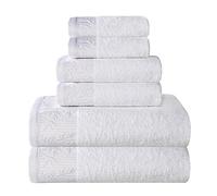 Superior 6 Piece Cotton Towel Set, Floral Jacquard Dobby Border, Quick Dry, Decorative Bathroom, Shower, Bath, Includes 2 Body, 2 Hand, 2 Face Towels/Washcloths, Wisteria Collection, White-White