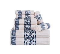 Superior 8-Piece Cotton Towel Set, Decorative Greek Pattern, Home Essentials, Absorbent Towels, Decor for Bathroom, Spa, Includes 2 Hand, 2 Face and 4 Bath Towels, Athens Collection, Ivory-Navy