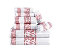 Superior 8-Piece Cotton Towel Set, Decorative Greek Pattern, Home Essentials, Absorbent Towels, Decor for Bathroom, Spa, Includes 2 Hand, 2 Face and 4 Bath Towels, Athens Collection, Coral