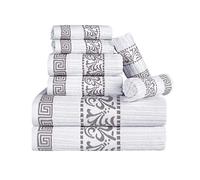 Superior 8 Piece Cotton Towel Set, Highly-Absorbent Plush Decorative Bohemian, Greek Key Trim Jacquard Dobby Border, Face Towels 13” x 13”, Hand Towels 16” x 30”, Bath Towels 30” x 52”, White-Chrome