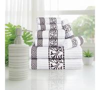 Superior 8 Piece Cotton Towel Set, Highly-Absorbent Plush Decorative Bohemian, Greek Key Trim Jacquard Dobby Border, Face Towels 13” x 13”, Hand Towels 16” x 30”, Bath Towels 30” x 52”, Chocolate