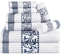 Superior 8 Piece Cotton Towel Set, Highly-Absorbent Plush Decorative Bohemian, Greek Key Trim Jacquard Dobby Border, Face Towels 13” x 13”, Hand Towels 16” x 30”, Bath Towels 30” x 52”, Navy-Blue