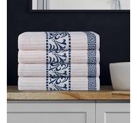 Superior Athens Cotton Bath Towel Set, Greek Key Floral Decor for Bathroom, Guest Bath, Spa, Resort, Home Essentials, Absorbent, Fluffy Medium Weight Towels, Includes; 4 Bath Towels, Ivory/Navy Blue