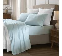 Superior Carmen 100% Cotton Relaxed Vintage Wash Sheet Set, Lightweight Crisp Percale Sheets, 1 Flat Sheet, 1 Elastic Deep Pocket Fitted Sheet, 2 Pillowcases, Boho Chic Bedroom, Queen, Blue