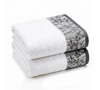 Superior Cotton Bath Towels, Set of 2, Floral Jacquard Dobby Border, Body Towel for Bathroom, Guest Bath, Resort, Hotel, Airbnb, Home Essentials, Adult and Kids, Wisteria Collection, White/Grey