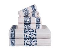 Superior Greek Pattern Decorative 6-Piece Towel Set, Absorbent Premium Cotton, Decor for Bathroom, Spa, Includes 2 Hand, 2 Face, and 2 Bath Towels, Home Essentials, Athens Collection, Ivory-Navy