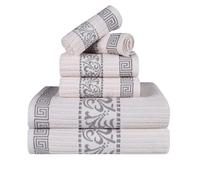 Superior Greek Pattern Decorative 6-Piece Towel Set, Absorbent Premium Cotton, Decor for Bathroom, Spa, Includes 2 Hand, 2 Face, and 2 Bath Towels, Home Essentials, Athens Collection, Ivory-Chrome
