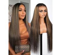 SUPERLOOK Balayage Wig Real Hair 13 x 4 Ombre Lace Front Wig Real Hair 220% Density Straight Highlight Wig Real Bleached Knots Pre Plucked FB27 (18 Inches)