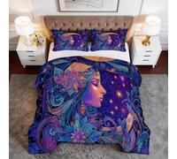 Supernatural Style Dreamlike Goddess Statue Coverless Duvet King, 220 x 240 cm Down Alternative Reversible Quilted Duvet for All Seasons - 1 Soft Comforter Bedding with 2 Pillowcases, Purple