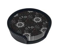 Supernatural Symbols Black Coasters For Drinks, 6 Pcs Leather Coaster With Holder, Round Cup Mat Pad Set For Home Office Table Decoration