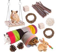SUPERPAWS 11pcs Bunny Tunnels and Tubes with Chew Toys for Grinding Teeth Apple Sticks Bamboo Carrot Loofah, Collapsible Rabbit Hideout Tunnel Small Animal Activity Toys for Rabbits Bunnies Guinea