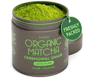 SuperSelf Organic Matcha Powder - Ceremonial Grade & 100% Pure - Smooth Taste & Vibrant Green - Macha for Straight Tea, Lattes, Baking - Certified Organic - Japanese Stone Ground Method - 50g Gift Tin