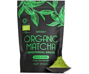SuperSelf Organic Matcha Powder - Ceremonial Grade & 100% Pure - Smooth Taste & Vibrant Green - Macha for Straight Tea, Lattes, Baking - Certified Organic - Japanese Stone Ground Method - Large 120g
