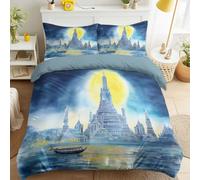 Supersoft Duvet Cover Double - Stylish & Modern Premium Bedding Set, Blue Quilt Cover for Kid's Room, Watercolour Asian Wat Arun Pagoda Serene Moon Zen Reversible Pattern