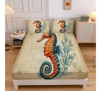 Supersoft Fitted Sheet 150×200 Cm - Vintage Mapluxurious Easy Care Microfibre With Elasticated Corners - Abstract Seahorse King Fitted Sheet, Double, Beige