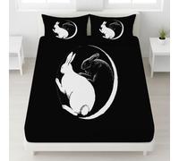 Supersoft Fitted Sheet Rabbit Crescent Moon Black Rabbit Fitted Sheet Vintage Fade Resistant Bedding Mystical Cute Elegant Easy Care for Nighttime - Black White - 152 x 200 x 30