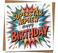 Superstar Nephew Birthday Card - Comic Pop Art Design, 145mm x 145mm Square, Happy Birthday Message, Includes Kraft Envelope, Fun Bright Color Greeting Card for Nephew