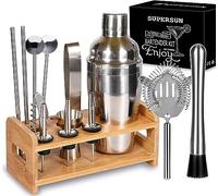 SUPERSUN 15 Pieces Cocktail Shakers Set, Cocktail Making Set 550ml Stainless Steel Bartender Kit Barware Set with Wooden Stand, Cocktail Shaker Gift Set for Home Bar