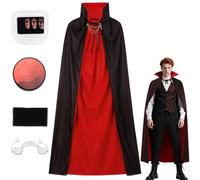 Superum Men's Vampire Costume, 150/120 cm, Gothic Royal Vampire Costume with Artificial Blood & Vampire Teeth & Makeup Sponge, Black Red Double-Sided Halloween Costume Vampire Cape Adult Carnival