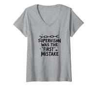 Supervision was The First Mistake Funny Work Quote V-Neck T-Shirt, Women, Heather Grey, S