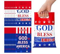 Supervitae 50 Pcs Religious Patriotic Plastic Goody Bags 4th of July God Bless the USA Party Favor Gift Bags with Handle Flag Candy Pack for Independence Day Birthday Party Gift Wrapping Supplies
