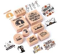 Supervitae 8 Pcs Halloween Wooden Rubber Stamp Set Happy Halloween Vintage Wooden Art Stamps for Crafting and DIY Scrapbooking Card Making Hand Book