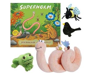 Superworm Book by Julia Donaldson, Includes official Superworm Soft Toy, Bumblebee, Blackbird, & Frog Finger Puppets by The Puppet Company, Perfect for Interactive Play & Storytime