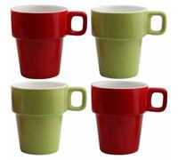 superyes Colorful Ceramic Coffee Mugs Set, Stackable Design, Red, Green, 4 Piece Collection 320ml
