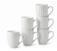 superyes Elegant French Country Ceramic Coffee Mugs Set 6, White Ribbed Design with Beaded Rim, Sun-Reflecting Ribbed Design,15oz, Microwave & Dishwasher Safe