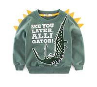 SUPFANS Boys Cute Dinosaurs Sweatshirts Pullover Cotton T-Rex Long Sleeve Tops Toddlers T-shirt (02 Green, 6 Years)